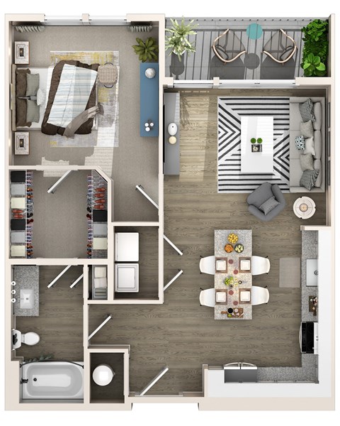 Floor plan for 1 bed, 1 bath, 736 sqft